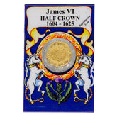 Reproduction coin of James VI Half Crown 1604-1625 in a decorative card with unicorns and thistle emblem.