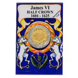 Reproduction coin of James VI Half Crown 1604-1625 in a decorative card with unicorns and thistle emblem.
