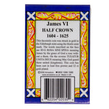 Packaging for a facsimile coin of James VI Half Crown with decorative border