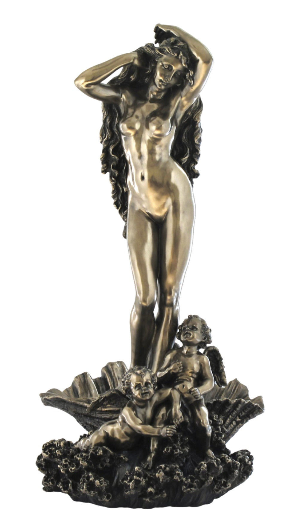 A bronze finish resin statue depicting the birth of Venus, with Venus herself standing on a base that has two smaller figures, possibly representing the parents or attendants, in a dynamic pose.
