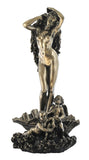 A bronze finish resin statue depicting the birth of Venus, with Venus herself standing on a base that has two smaller figures, possibly representing the parents or attendants, in a dynamic pose.