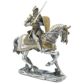 Statue of a knight on horseback with armor and spear, on a white background