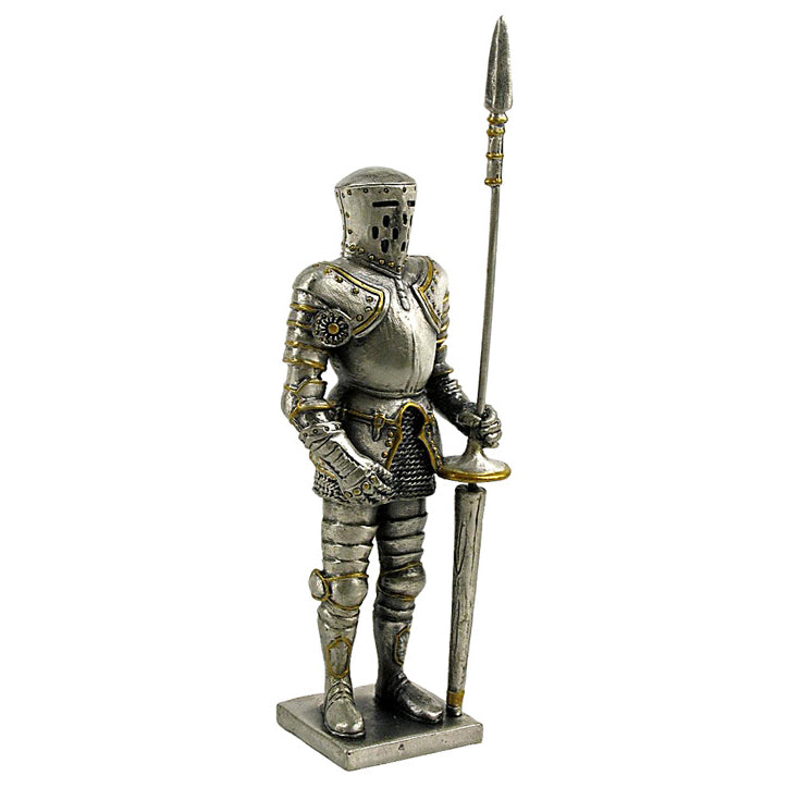 Statue of a knight in armor holding a spear on a white background