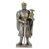 Statue of King Arthur in silver armor with a sword on a white background