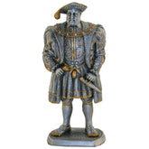 Statue of Henry VIII in historical attire on a white background