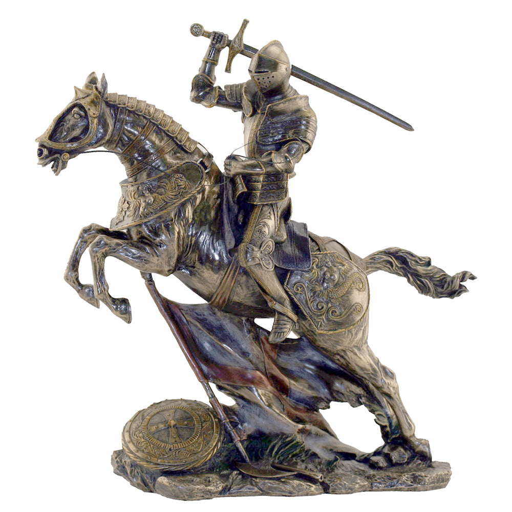 Statue of a knight on horseback with armor and a sword, on a white background