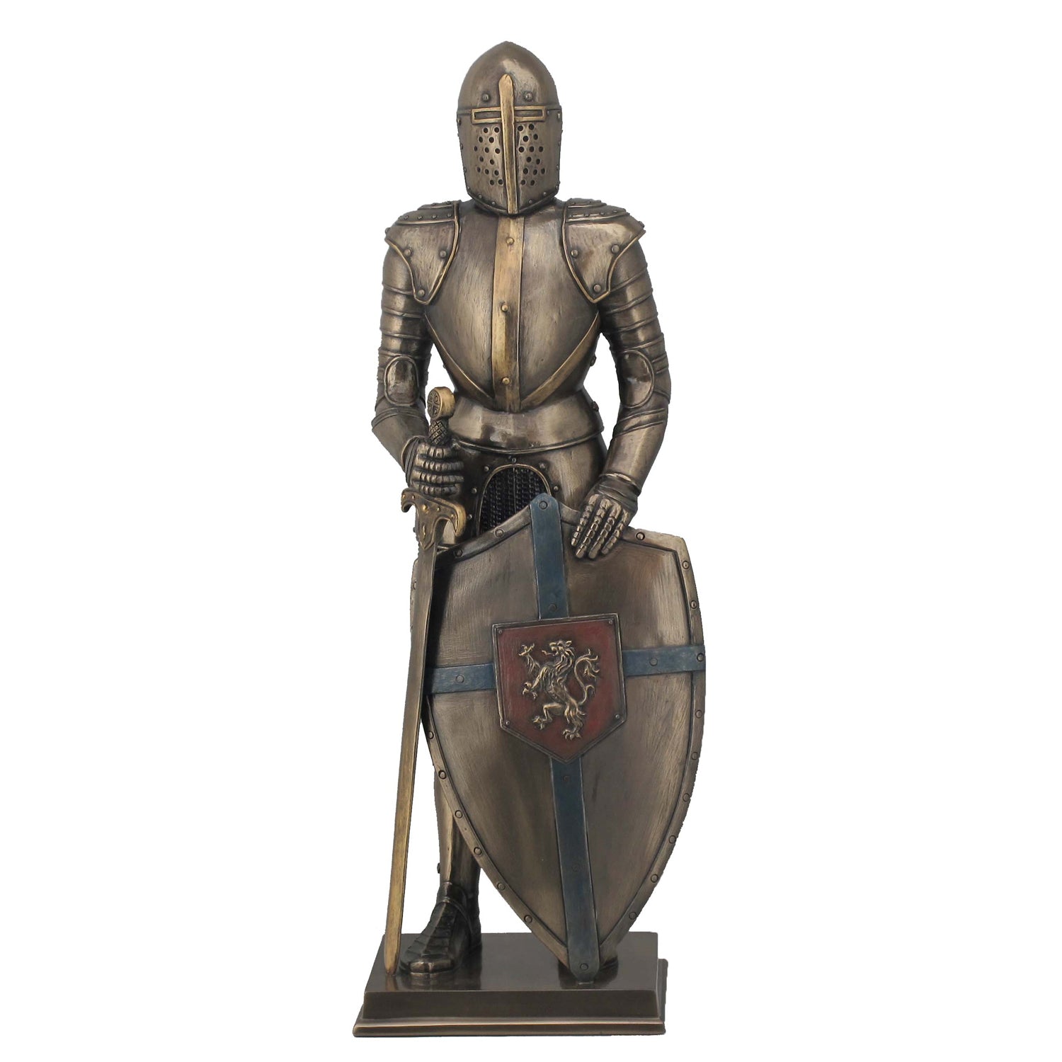 Statue of a knight in armor holding a shield with a emblem on a white background