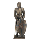 Statue of a knight in armor holding a shield with a emblem on a white background