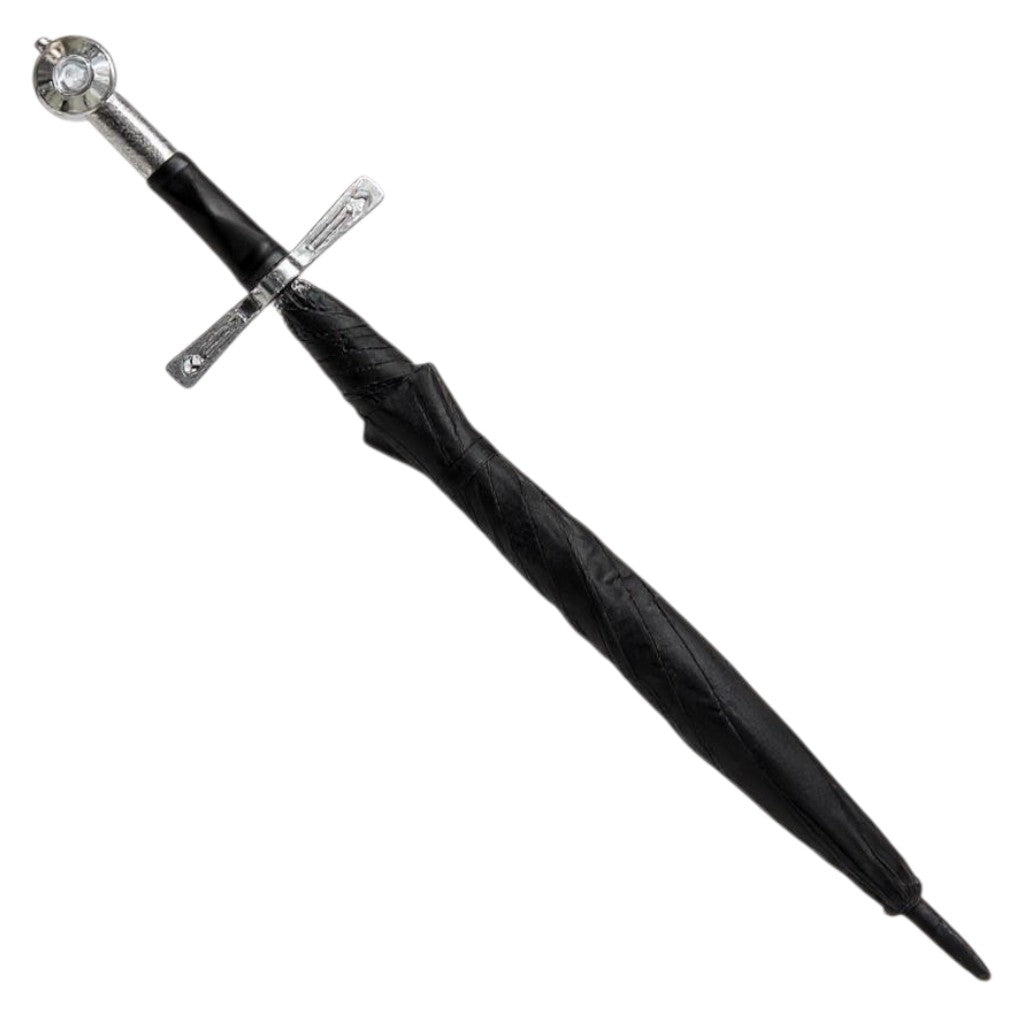 Black umbrella with a sword-like handle on a white background