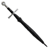 Black umbrella with a sword-like handle on a white background