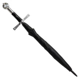 Black umbrella with a sword-like handle on a white background