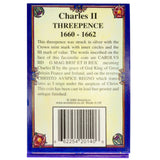 Back of a Charles II threepence coin with descriptive text and a barcode.