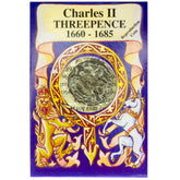 Reproduction coin of Charles II Threepence with decorative packaging