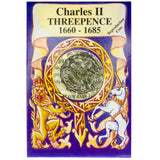 Reproduction coin of Charles II Threepence with decorative packaging