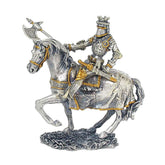 A pewter-plated metal statue of a mounted knight with a detachable axe, featuring hand-painted golden accents on a grey horse.