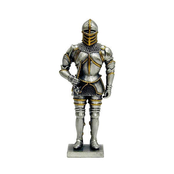 A metal figurine of a knight in armor with a flail, featuring gold and silver colors and intricate details.