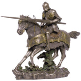 A bronze-finished resin statue of a mounted knight in armor, with a detailed horse and rider figure, set on a base that suggests a medieval tournament scene.