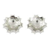 A pair of silver-colored floret-shaped stud earrings embellished with clear crystals.