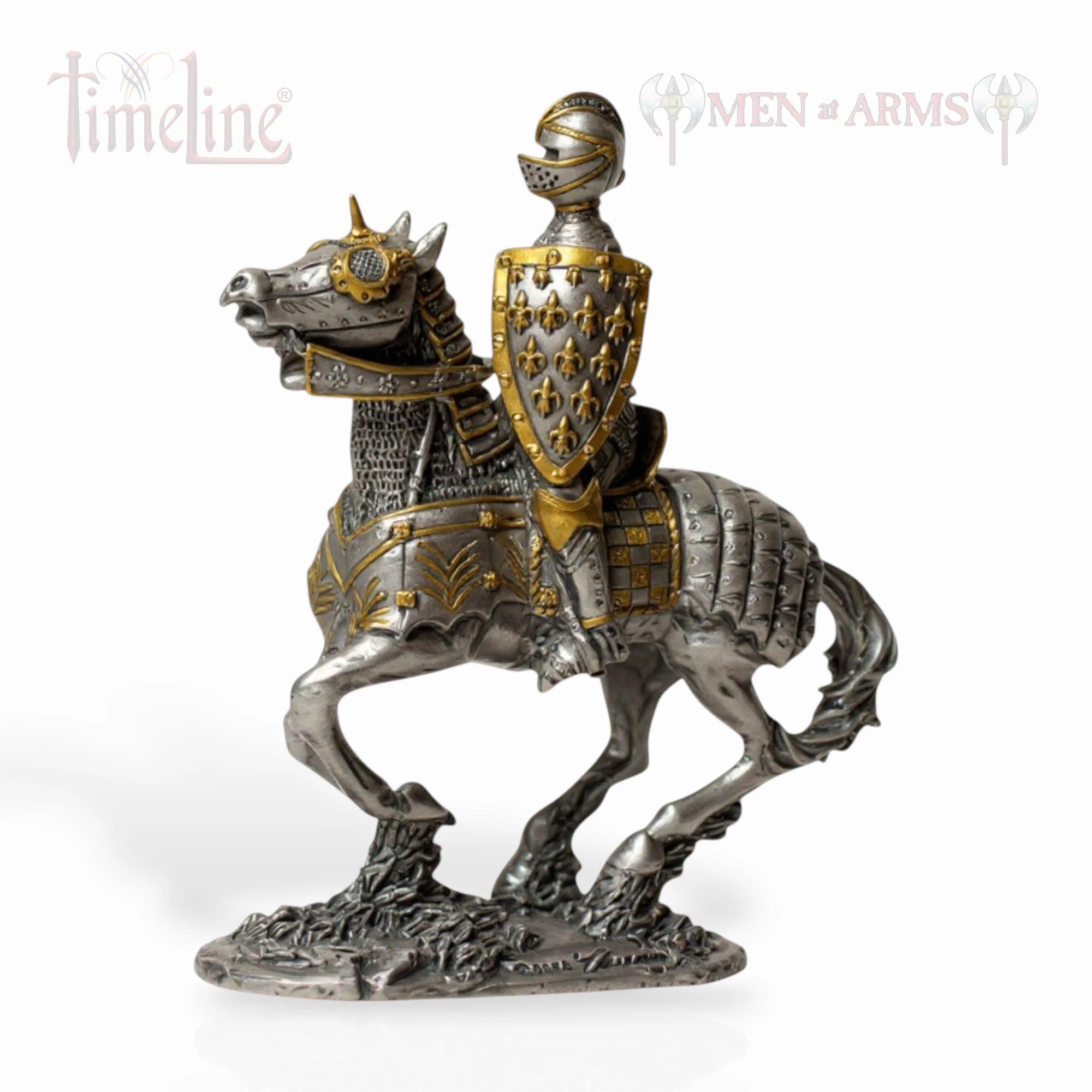 Decorative figurine of a knight on horseback with armor and shield, branded 'Men of Arms'.