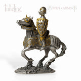 Decorative figurine of a knight on horseback with armor and shield, branded 'Men of Arms'.