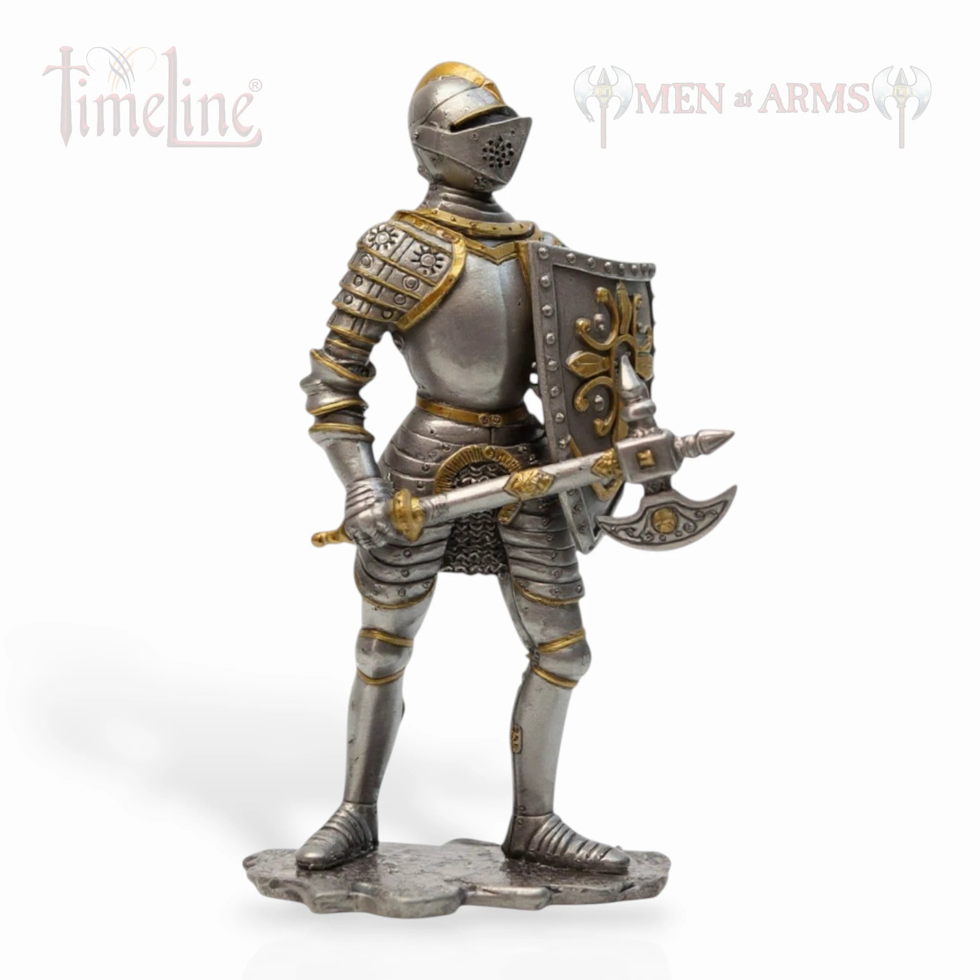 Statue of a knight in armor holding a axe and shield on a white background, with 'Men of Arms' branding.