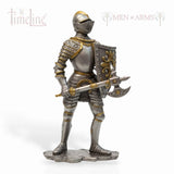 Statue of a knight in armor holding a axe and shield on a white background, with 'Men of Arms' branding.