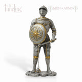 Statue of a knight in armor holding a shield and flail on a white background, with 'Timeline Men of Arms' branding.