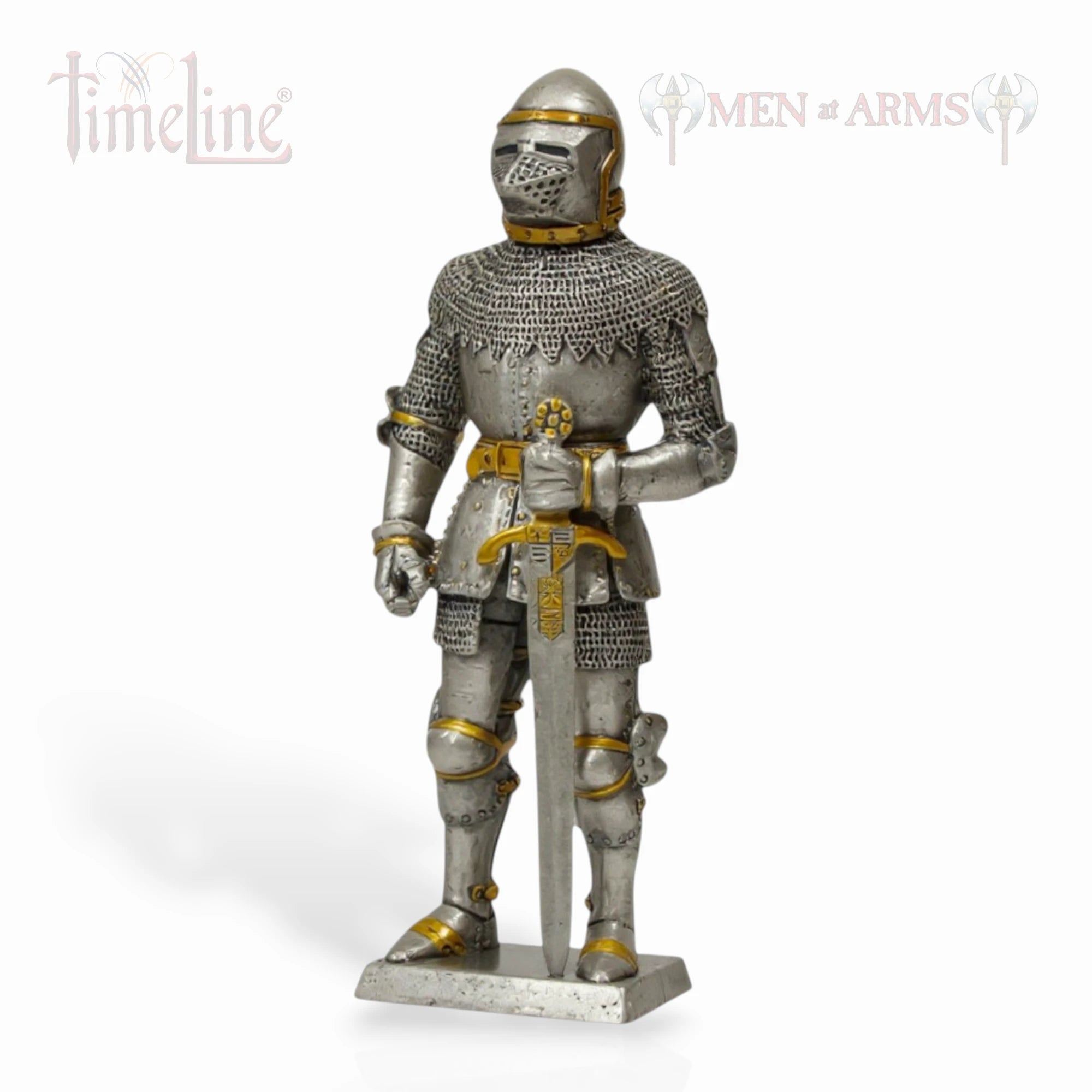 Model of a knight in full armor holding a sword on a white background with 'Men of Arms' branding.