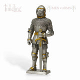 Model of a knight in full armor holding a sword on a white background with 'Men of Arms' branding.