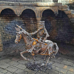 Mounted knight with axe with medieval background