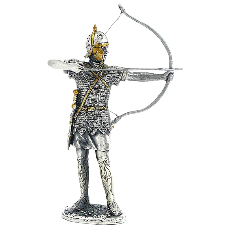 Statue of a archer in silver armor with a bow on a white background