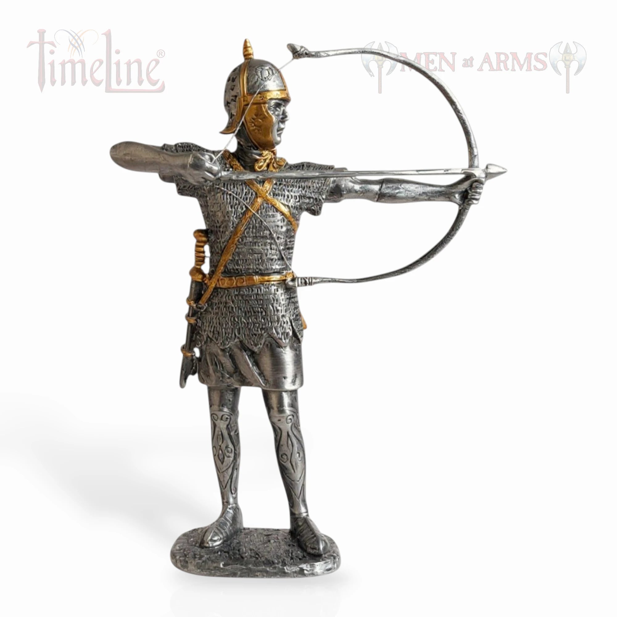 Metal statue of a warrior archer in armor with a bow, on a white background.