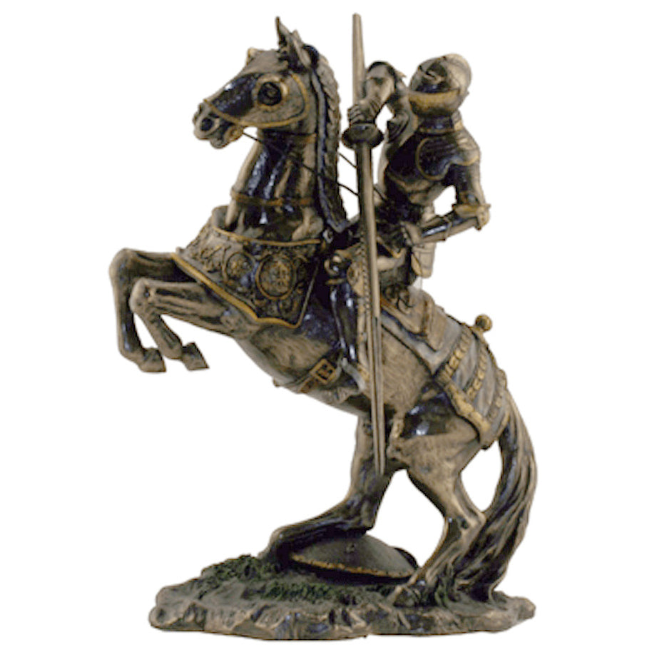 Statue of a knight on horseback with armor and spear on a white background