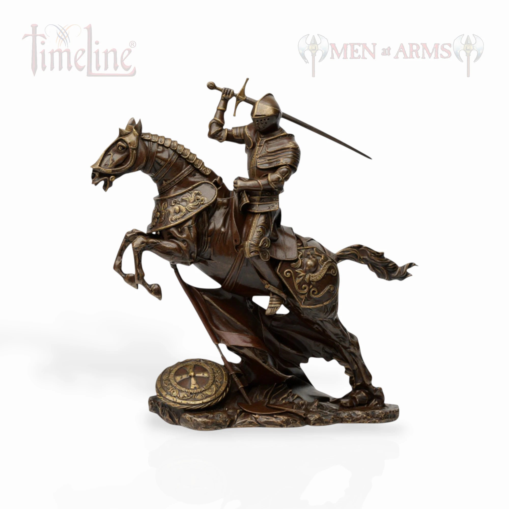 Bronze statue of a knight on horseback with a sword, featuring 'Timeline' and 'Men of Arms' logos.