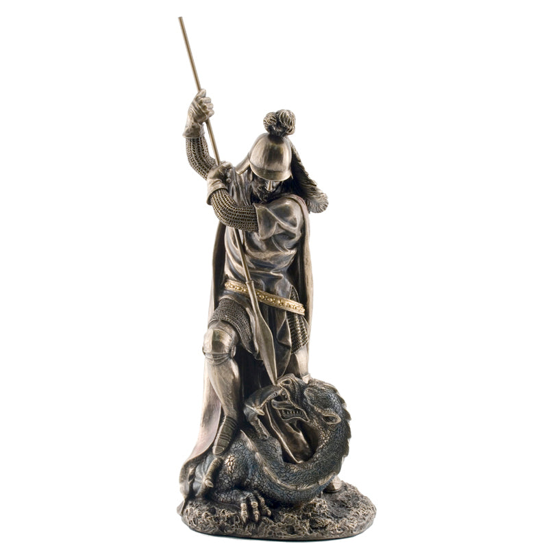 Statue of a warrior with a dragon on a white background