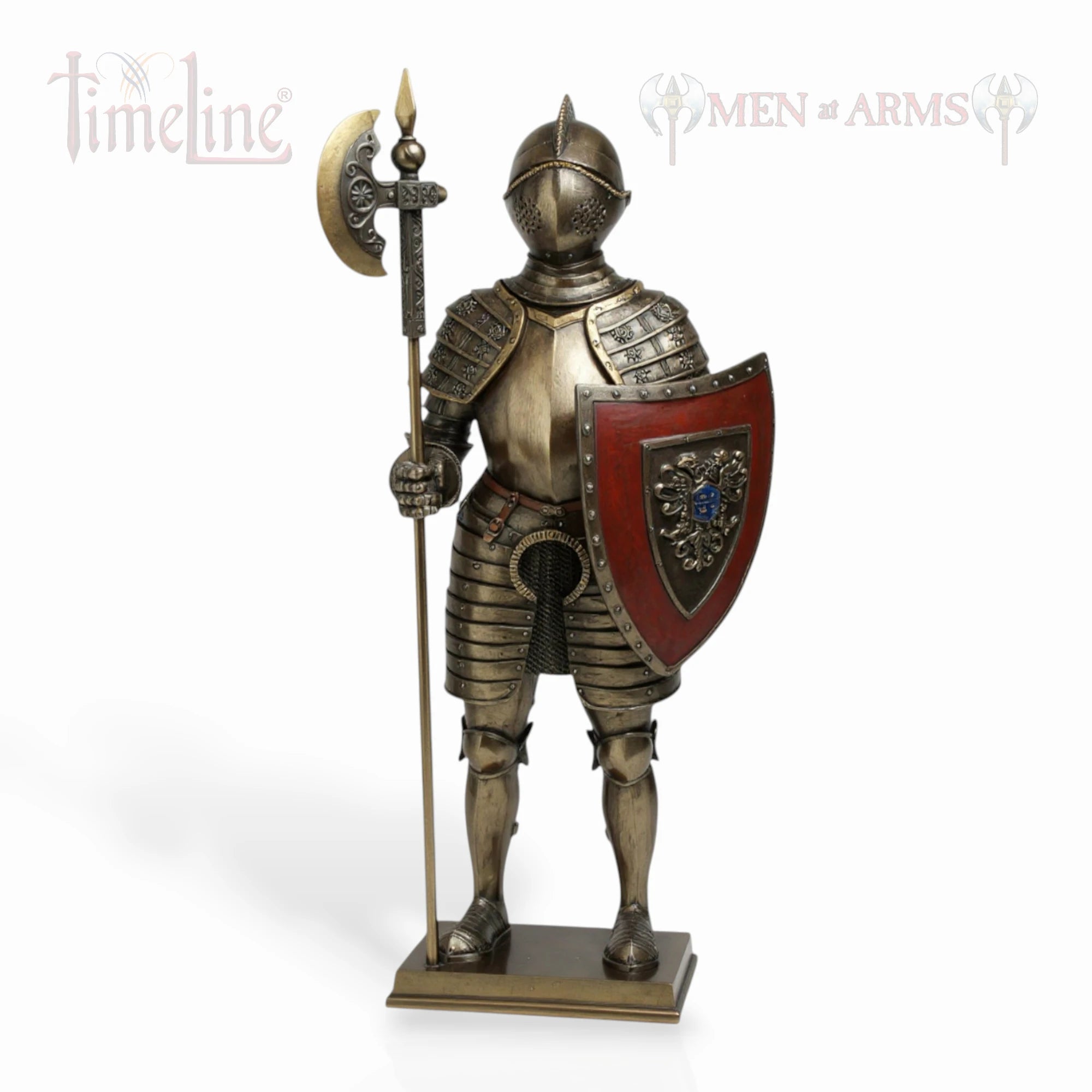 Statue of a knight in armor holding a shield and axe on a white background, with 'Men of Arms' branding.