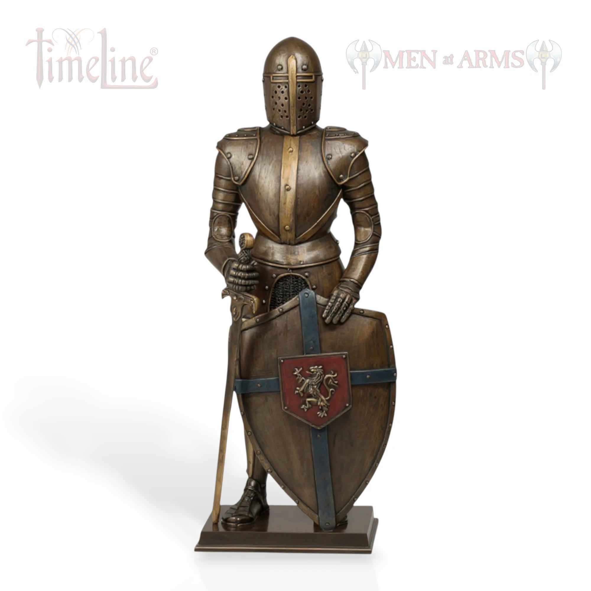 Statue of a knight in armor with a shield featuring a lion emblem on a white background, branded 'Men of Arms'.