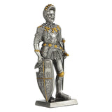 Statue of a knight in armor holding a shield on a white background