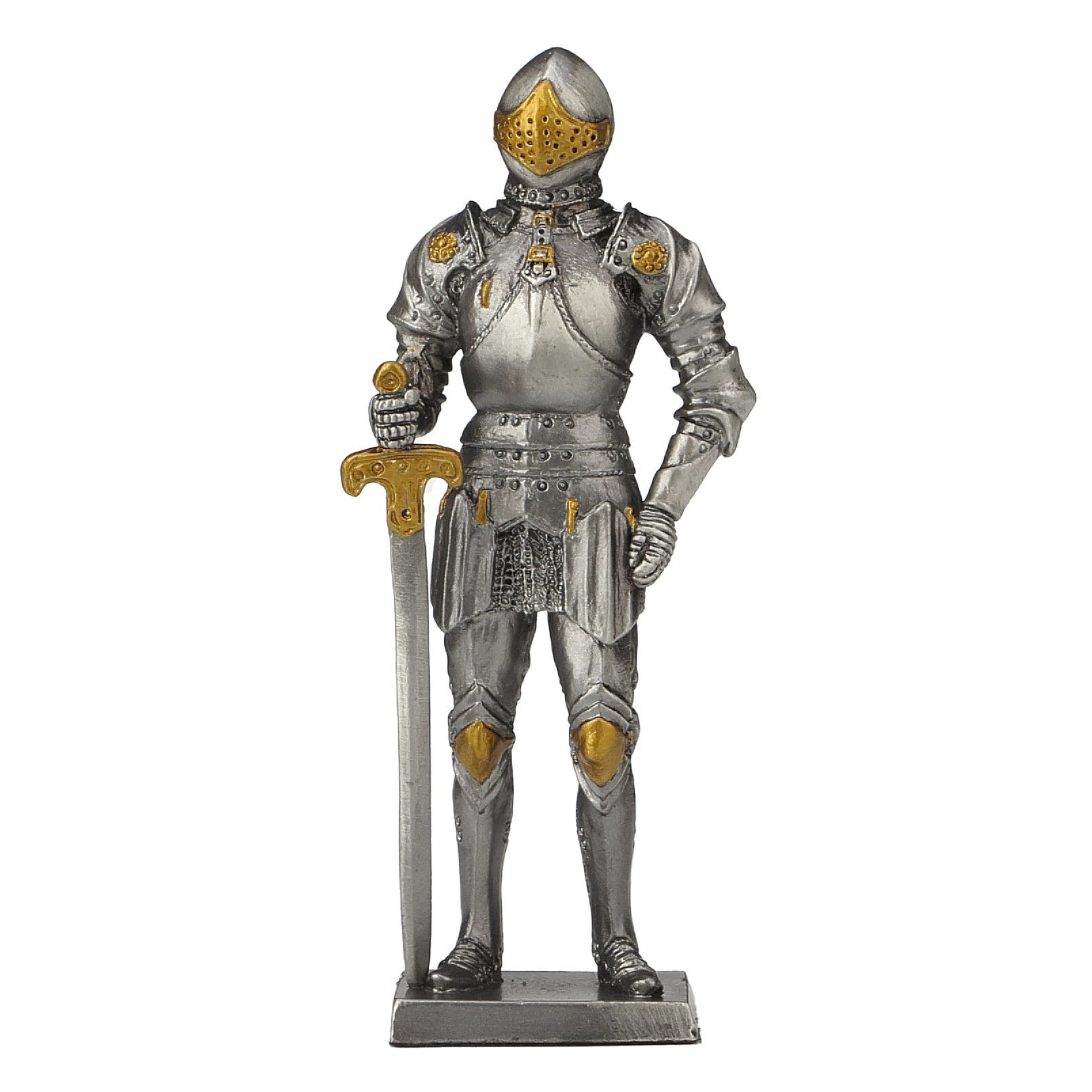 Statue of a knight in armor holding a sword on a white background
