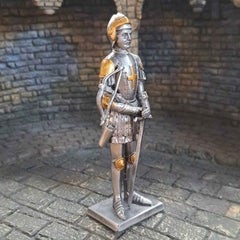 Knight with crossbow metal statue side view