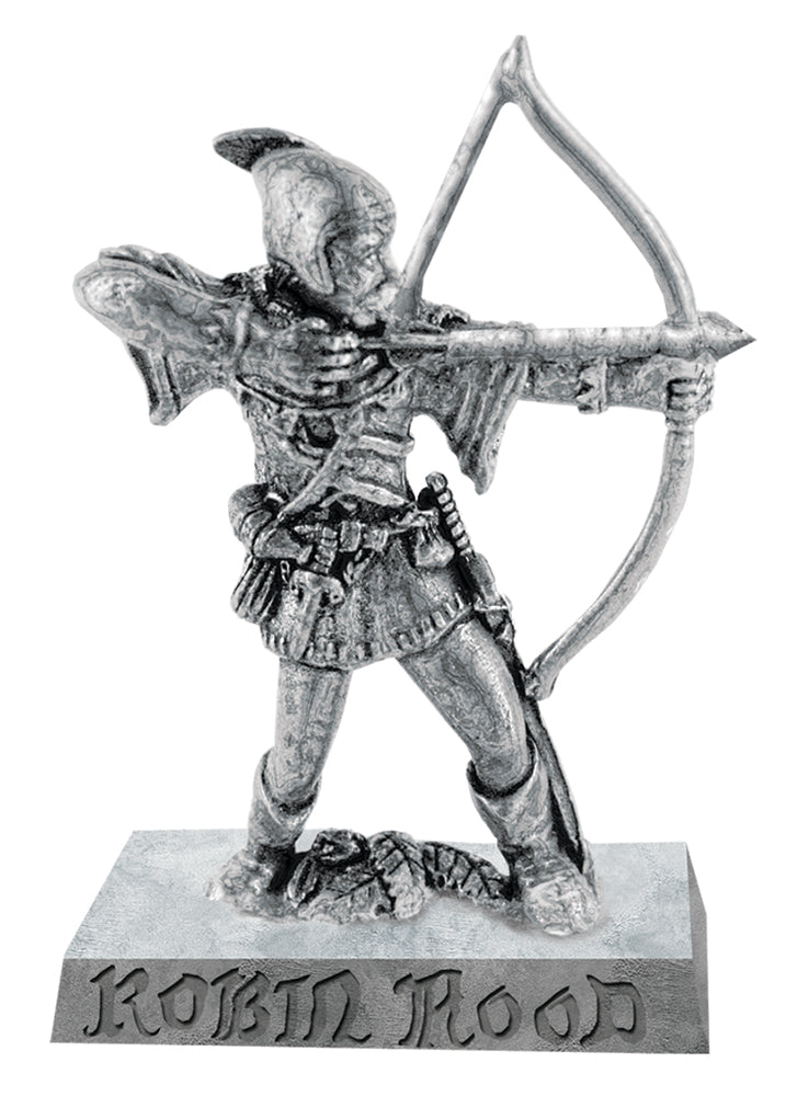 Metallic figurine of a archer with bow and quiver on a white background