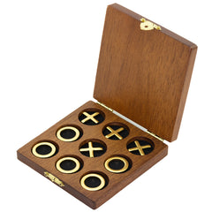 Premium Travel Brass Noughts & Crosses Game: Compact Wooden Box Set