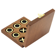 Premium Travel Brass Noughts & Crosses Game: Compact Wooden Box Set