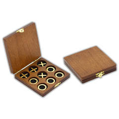 Premium Travel Brass Noughts & Crosses Game: Compact Wooden Box Set