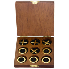 Premium Travel Brass Noughts & Crosses Game: Compact Wooden Box Set