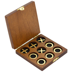 Premium Travel Brass Noughts & Crosses Game: Compact Wooden Box Set